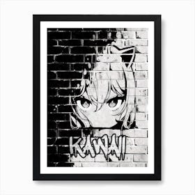 Kawaii Aesthetic Monochrome Nekomimi Anime Cat Girl Urban Graffiti Style 2 Art Print