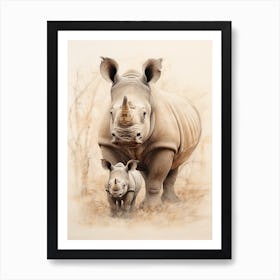 Rhino & Baby Rhino Detailed Illustration 2 Art Print