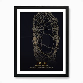 Jeju South Korea Black And Gold Map Art Print