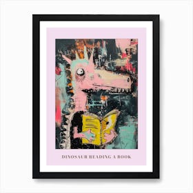 Dinosaur Reading A Book Pink Blue Graffiti Brushstroke 2 Poster Art Print