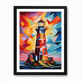 Lighthouse Tower at Sunset IV, Avant Garde Vibrant Colorful Painting in Cubism Picasso Style Art Print