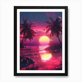 Synthwave Sunset At The Beach 9 Art Print