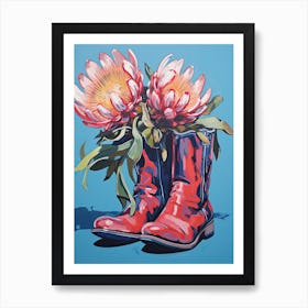 A Painting Of Cowboy Boots With Protea Flowers, Fauvist Style, Still Life 2 Art Print