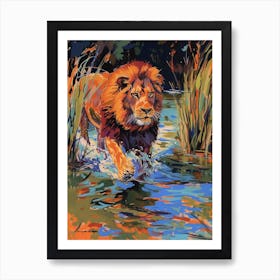 Southwest African Lion Crossing A River Fauvist Painting 2 Art Print