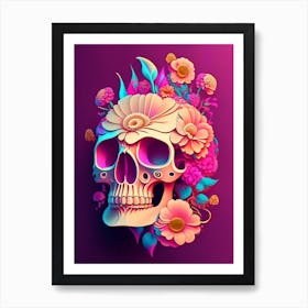 Skull With Psychedelic Patterns Pink 2 Vintage Floral Art Print