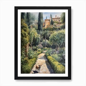 Painting Of A Dog In Gardens Of Alhambra, Spain In The Style Of Watercolour 04 Art Print