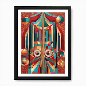 Dare - Abstract Art Deco Geometric Shapes Oil Painting Modernist Picasso Inspired Bold Gold Green Turquoise Red Face Visionary Fantasy Style Wall Decor Surrealism Trippy Cool Room Art Invoke Psychedelic Art Print