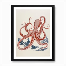 Linocut Red Navy Octopus 3 Art Print