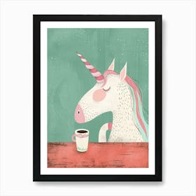 Pastel Storybook Style Unicorn Drinking Coffee In A Cafe 1 Art Print