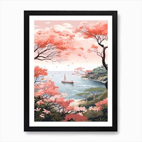 An Illustration In Pink Tones Of A Boat And Trees Overlooking The Ocean 2 Art Print