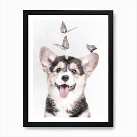 Corgi With Butterflies Art Print