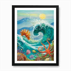 Surreal Composition Of Sea Creatures And Ocean Waves Art Print