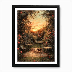 Serene Vintage Garden With Wrought Iron Furniture – Romantic Sunset Wall Art Print Art Print