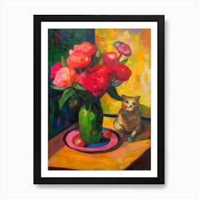 Lisianthus With A Cat 1 Fauvist Style Painting Art Print