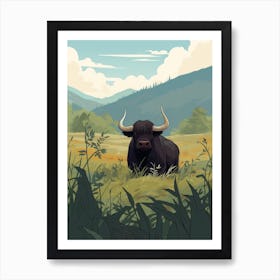 Animated Black Bull Sat In Highlands Fields Art Print