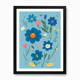 Beautiful Flowers Illustration Vertical Composition In Blue Tone 2 Art Print