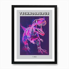 Pink Neon T Rex Line Illustration Poster Art Print