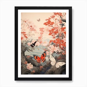 Butterfly Red Tones Japanese Style Painting 1 Art Print