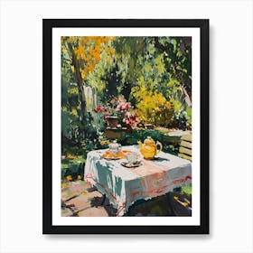 Tea Pot On The Table In Garden - expressionism 2 Art Print