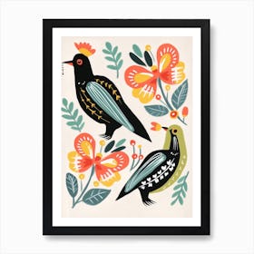 Folk Style Bird Painting Blackbird 1 Art Print