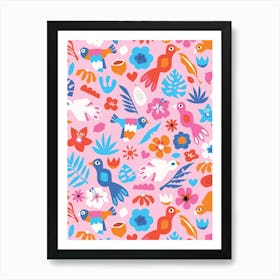 Paper Cut Out Collage Exotic Birds, Fruit, and Flowers - Pink Orange Blue Art Print