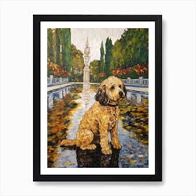 Painting Of A Dog In Versailles Gardens, France In The Style Of Gustav Klimt 03 Art Print