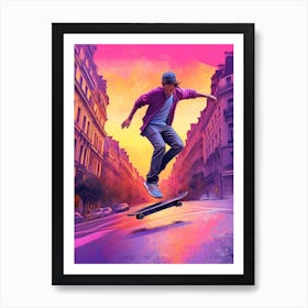 Skateboarding In Paris, France Futuristic 1 Art Print