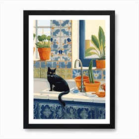 Black Cat In The Kitchen Sink, Mediterranean Style 0 Art Print