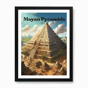 Mayan Pyramids Mexico Ancient Landmark Travel Illustration Art Print