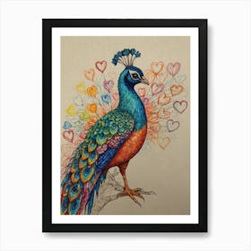 Peacock With Hearts 1 Art Print