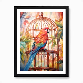 Floral Parrot And Birdcage Art Print