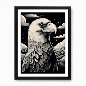 B&W Bird Linocut Crested Caracara 2 Art Print