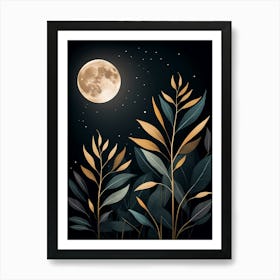 Night Sky With Moon And Leaves Art Print