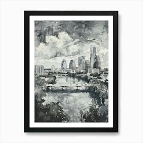 Skyline Austin Texas Black And White Watercolour 3 Art Print