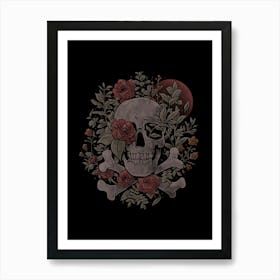 Rest in Leaves - Dark Skull Flowers Nature Goth Gift Art Print