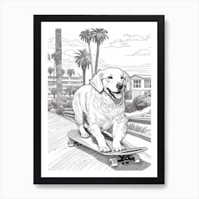 Golden Retriever Dog Skateboarding Line Art 4 Art Print