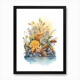 Flowering Plants Bee Beehive Watercolour Illustration 1 Art Print