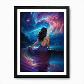 A sexy fantasy woman is watching the vast galaxy landscape. The neon colors of the interstellar night sky reflect on the pool and her dress. The Milky Way and planets shine bright in the cosmos. Astronomy and stars come to life in this spacey galaxy. Art Print