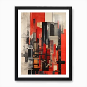 Abstract Cityscape Constructivist Style in Red, Ivory and Black Art Print