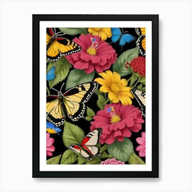 Seamless Pattern With Butterflies And Flowers 9 Art Print