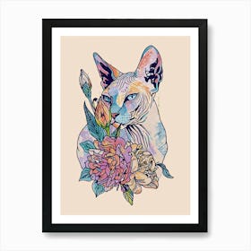 Cute Sphynx Cat With Flowers Illustration 3 Art Print