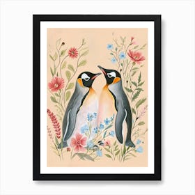 Folksy Floral Animal Drawing Penguin Art Print