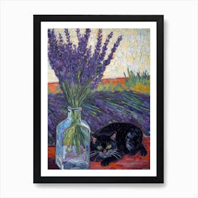 Still Life Of Lavender With A Cat 1 Art Print