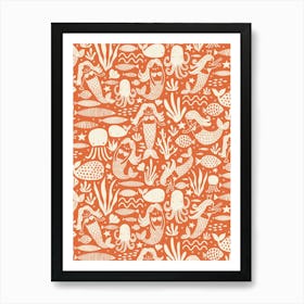 Underwater Mermaids and Sea Life Block Print White on Scarlet Orange Kids Art Print