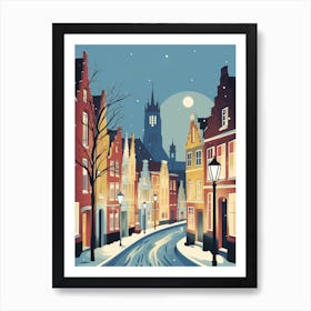 Winter Travel Night Illustration Bruges Belgium 2 Art Print