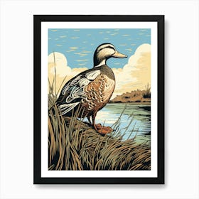 Vintage Bird Linocut Mallard Duck 4 Art Print