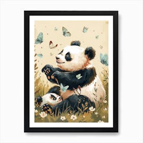 Giant Panda Cub Playing With Butterflies Storybook Illustration 1 Art Print