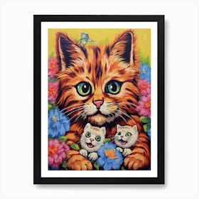 Louis Wain, Surreal Cat With Kittens And Flowers 1 Art Print