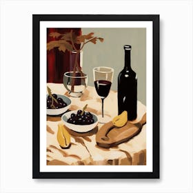 Atutumn Dinner Table With Cheese, Wine And Pears, Illustration 0 Art Print