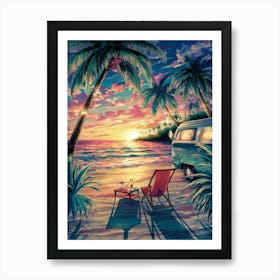 Anime Canvas Art: Sunset Tropical Beach Scene with Camper Van, String Lights, and Calm Ocean, Perfect for Lofi Aesthetic and Relaxing Coastal Decor Lovers. 1 Art Print